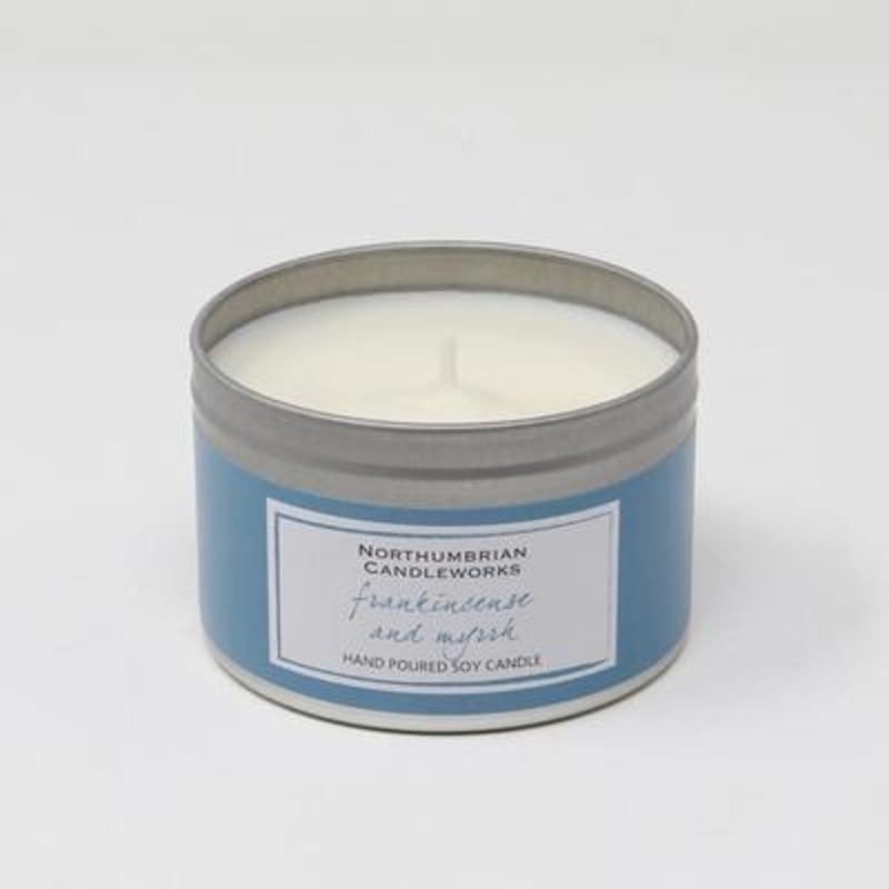 Enjoy the festive fragrance of Frankincense and Myrrh with this Christmas scented soy candle. A careful combination of fruity floral and woody notes creates a beautiful blend that is as rich as it is exotic in this Christmas candle in a tin. This Frankincense and Myrrh large soy scented candle in a tin will be a scentsational addition to your home. The Frankincense and Myrrh Christmas candle tin really does look as good as it smells. Why not treat a loved one this Christmas and pop a tin in their stocking. The large candle tin really does look as good as it smells and will sit beautifully on a shelf or coffee table or window sill. The choice is yours.